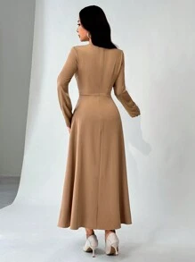 Modelyn 女士纯色拼色长袖纽扣装饰休闲中长连衣裙长款晚礼服 - 卡其色 - 查看 4