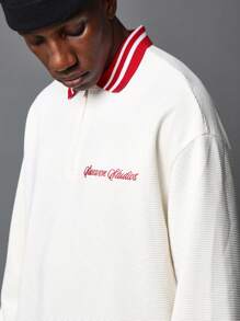 SUMWON Regular Fit Textured Half Zip Long Sleeve Polo Shirt With Embroidery - White - View 3