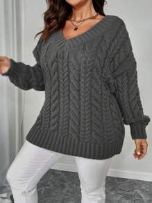 Celure Plus Size Dames Casual V-hals Kabel Gebreide Losse Trui, Geschikt Voor Herfst/Winter