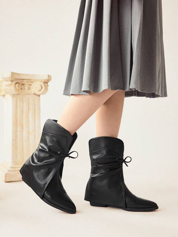 CUCCOO CHICEST Fashion Black Wide Leg Bowknot Pointed Toe Ankle Boots For Women, Suitable For Commuting, Dating, Party, Sightseeing, Festival, Vacation For Christmas And New Year Holiday