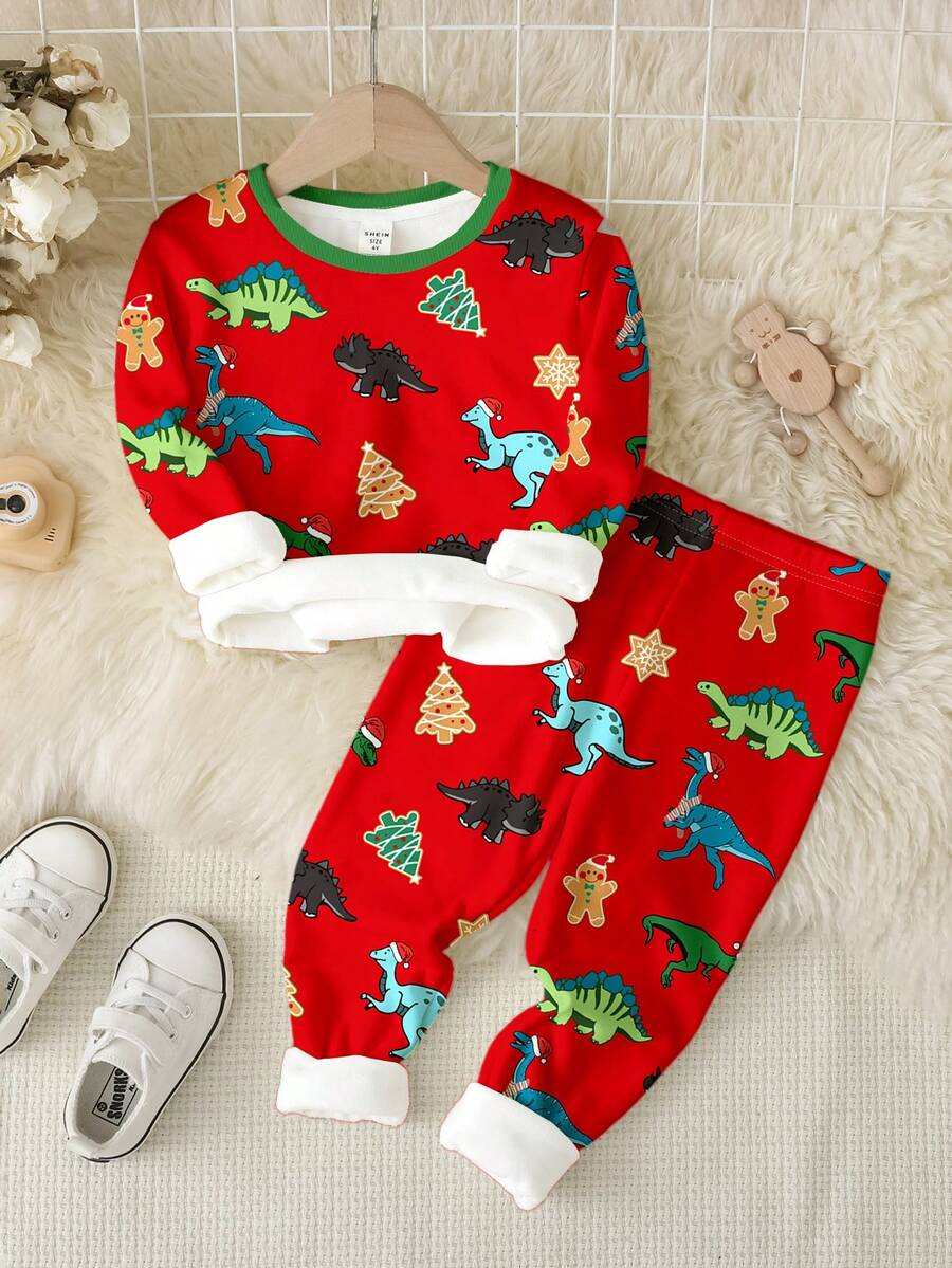 SHEIN Bộ đồ ngủ Giáng sinh cho bé trai, giản dị tối giản thoải mái vừa vặn dài tay cổ tròn và quần dài, phù hợp cho mùa thu/đông - Nhiều màu - Xem 1