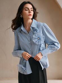 Anewsta Women Elegant Striped Floral Print Puff Sleeve Blouse