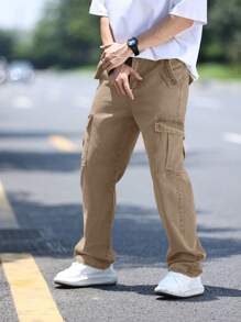 Manfinity Homme 男式休闲宽松直筒工装牛仔裤，带翻盖口袋 - 卡其色 - 查看 7