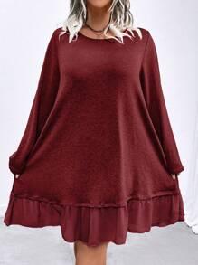 SHEIN LUNE Plus Size Women Solid Color Round Neck Long Sleeve Ruffle Hem Casual Dress, Autumn Burgundy Color Women Outfit