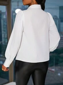Zolique 1 pieza Camisa elegante de mujer con abotonadura y patchwork de encaje, para el otoño - Blanco y Negro - Ver 2