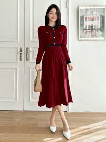 DAZY Women Solid Color Splicing Front Button Long Sleeve Simple Casual Sweater Dress,Fall Clothes Red Women Dresses - Burgundy - View 3
