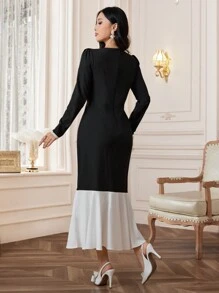 Modelyn 1pc Women's Premium Square Neck Patchwork Fringe Fishtail Skirt Long Evening Dresses