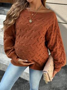 SHEIN 孕妇休闲宽松纹理针织长袖毛衣，秋冬季毛衣 - 鏽棕色 - 查看 5