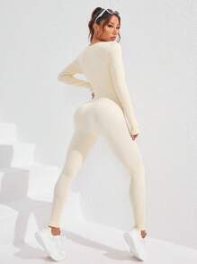 SHEIN Yoga Basic Women Square Neck Long Sleeve Solid Color Sports Jumpsuit