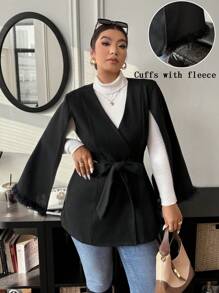 Calvaya Plus Size Women Solid Color Wrap Cloak Overcoat, Autumn/Winter - Black - View 1