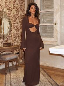 Opulessa 1 件女式性感纯色前裹式长袖连衣裙 - 卡其色 - 查看 4