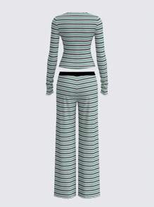 SHEIN BASICS 2pcs/Set Women Casual Knit Striped V-Neck Long Sleeve Fitted T-Shirt & Low Waist Flared Pants Set
