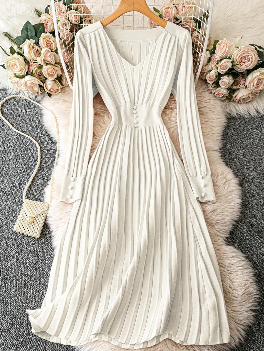 Chiquease Women's Autumn/Winter V-Neck Long Sleeve Pleated A-Line Dress With Waist Tie - White - View 1