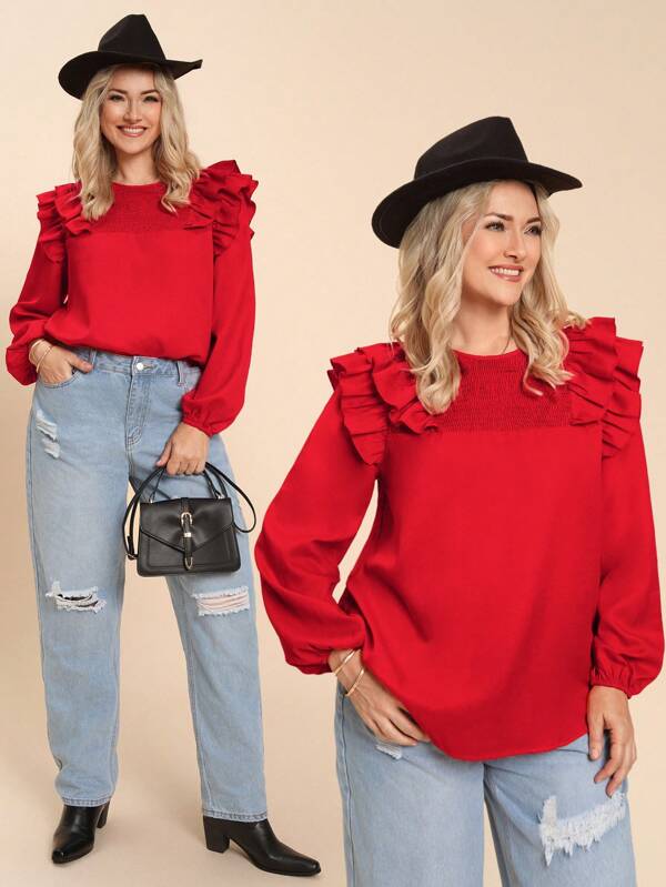 SHEIN LUNE Blusa elegante de manga abullonada con volantes y parches de unicolor en tallas grandes para mujer, ideal para otoño, el Día de Acción de Gracias, Navidad, cumpleaños, Año Nuevo y festivales