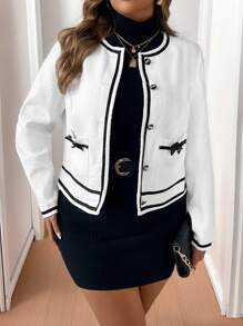SHEIN Clasi Plus Size Elegant Contrast Color Trim Bow Decor Jacket, Autumn/Winter