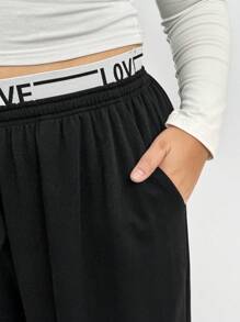 SHEIN CURVE+ 大码女式字母针织腰带休闲运动裤 - 黑色 - 查看 5