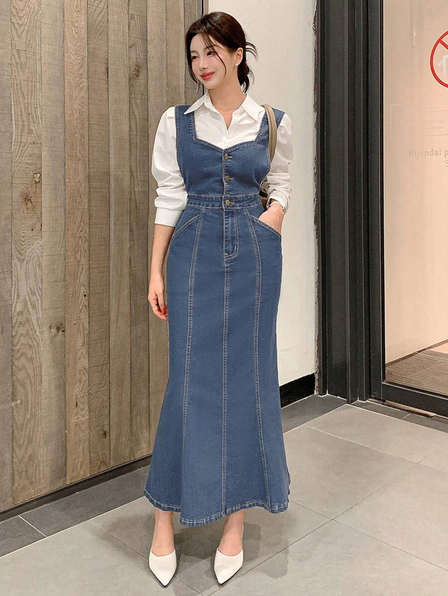 DAZY 返校季女士牛仔背带鱼尾连衣裙，秋季服装 - 中等水洗藍 - 查看 1