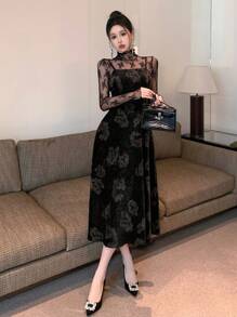 DAZY 女士丝绒印花中长连衣裙，秋冬季，新年舞会礼服，优雅女士连衣裙 - 黑色 - 查看 2