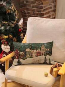 Funda decorativa para almohada con diseño de copos de nieve vintage y casa de bosque invernal - Estilo rústico navideño, funda de cojín de poliéster con cremallera para uso doméstico y al aire libre, lavable a máquina, para vacaciones (no incluye relleno de almohada)