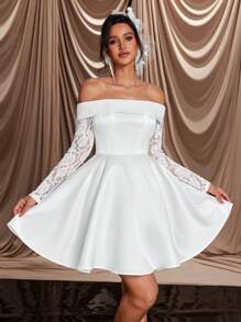 SHEIN Belle Elegancka luksusowa sukienka z odkrytymi ramionami, przezroczysta siateczka, długi rękaw, koronka i satyna, rozkloszowana, odpowiednia na wesele, wieczór panieński, święta, bal, bankiet, prezent dla panny młodej, sukienkę na wieczór panieński