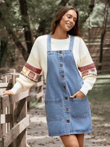 LanaWest Women Long Sleeve Round Neck Geometric Embroidery Sweater, Autumn/Winter, Knit Pullover Fall - Apricot - View 4