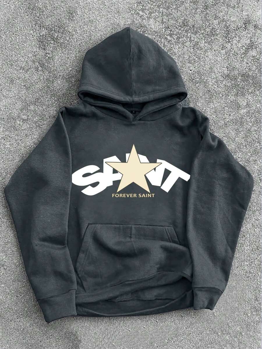 Manfinity EMRG Men's Casual Hooded Fleece Sweatshirt With Star And Letter Print