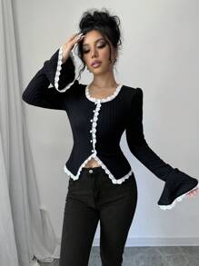 SHEIN X Angie Costa SHEIN Clasi 1pc Women Elegant Fake Collar Flare Long Sleeve T-Shirt, Casual Lace Trim Top, Black