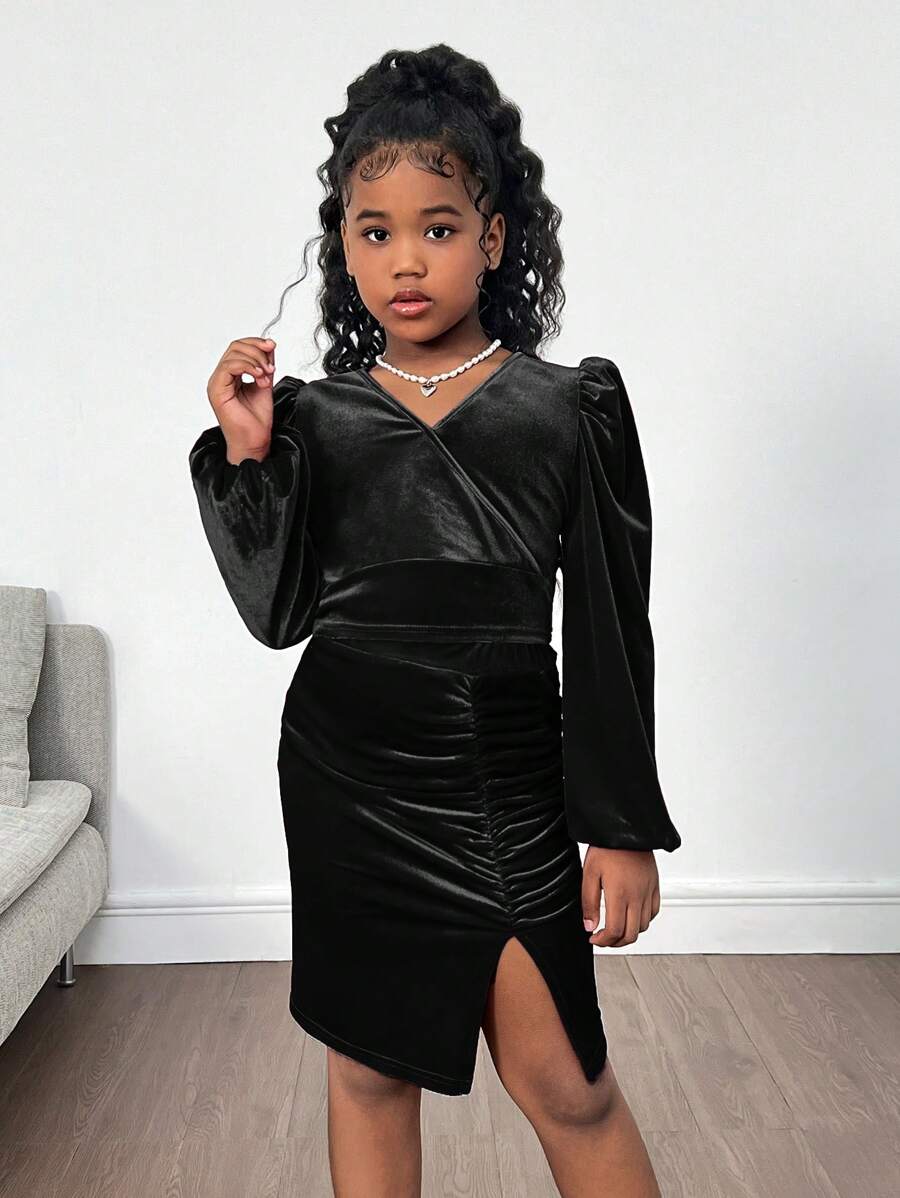 SHEIN NovaGlow Tween Girl Tween Girls 2pcs/Set Casual Minimalist Wrap Style Long Sleeve Top And Split Hem Skirt Suit