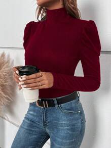 SHEIN Clasi Solid Button Back High Neck Puff Sleeve Tee