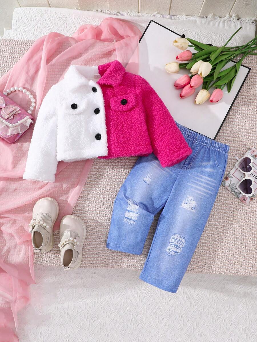 2pcs Baby Girl White + Rose Red Short Fuzzy Top + Digital Print Denim Pants Casual Outfit Set - Multicolor - View 1