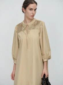 Aalyst 女士优雅时尚办公室装圆领系带肩褶皱宽松连衣裙，长袖 - 卡其色 - 查看 8