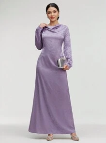 Veilorie Ladies' Elegant Floral Jacquard Long Sleeve Long Dress With V-Neck For Spring/Summer Modest - Dusty Purple - View 7