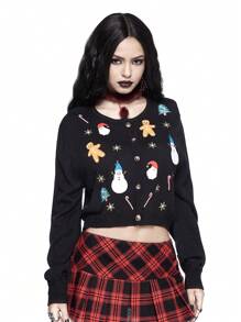 ROMWE Christmas Gingerbread Embroidered Loose Short Cardigan Sweater For Women - Black - View 5