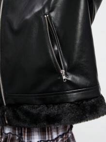 Flirla 1 pieza Chaqueta de moto con cuello de peluche, parches y cremallera de PU negro para mujer, chaqueta de moto para otoño/invierno