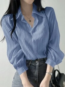 DAZY 女式褶皱纯色翻领宽松衬衫，浅蓝色，春夏秋季，返校服，秋季女装长袖上衣 - 淺藍色 - 查看 4