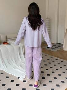 DAZY 纯色落肩T恤和格子印花长裤家居服套装，秋冬装，舒适休闲装 - 紫色 - 查看 2