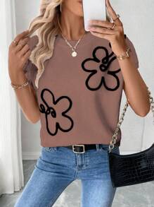 SHEIN LUNE Atasan/Sweater Rajut Lengan Pendek Leher Bulat dengan Motif Bunga dan Potongan Longgar untuk Wanita - Dusty Pink - View 4