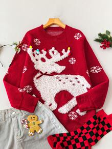 Flirla Pullover tricoté grande taille femme avec design 3D de cerf rouge de Noël