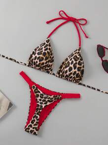 Swim Vcay 2025 New Women 2pcs/Set Leopard & Red Color Bikini Swimwear Set Summer