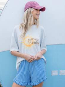 Aralina 女士口号印花圆领落肩宽松休闲 T 恤 - 灰色 - 查看 6