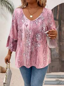 Plus Size Women Casual Digital Print Sweetheart Neck 3/4 Sleeve T-Shirt Graphic Tees Women Tops
