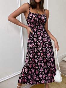 Pariaura 女士优雅系带前开襟碎花连衣裙 - 黑色 - 查看 4