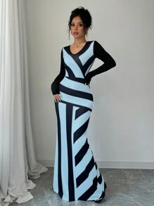 Elenzga Robe longue côtelée moulante à rayures noir et blanc - Bleu azur - Voir 6