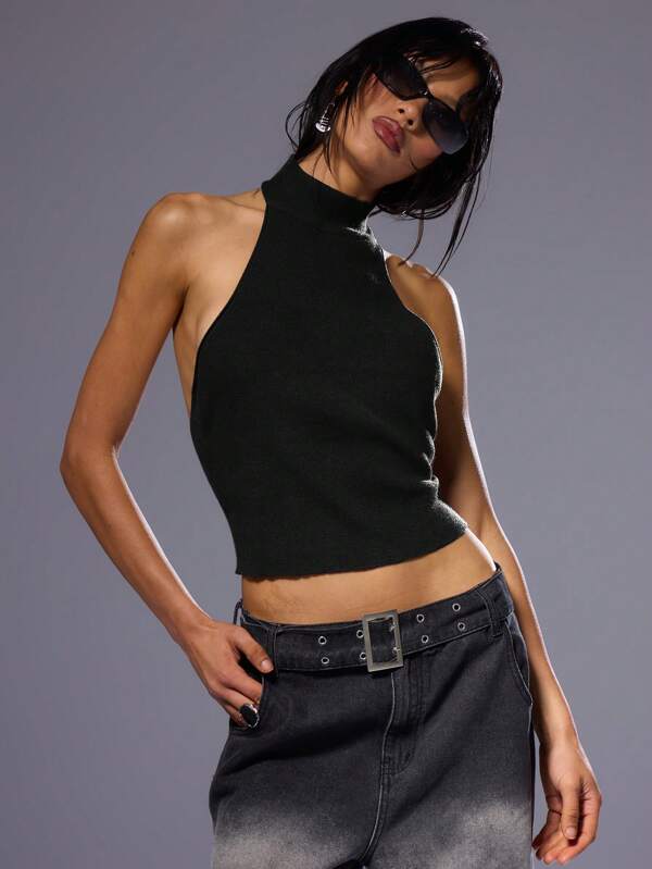 MUSERA Solid Backless Halter Neck Ribbed Knit Top Y2k Grunge Festival Concert, Sexy Tops Holiday Festival Summer Fall Streetwear Autumn Winter Everyday Christmas Work Office  Evening Party Elegant