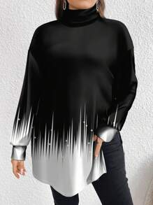 SHEIN LUNE Áo thun cổ lọ dài in họa tiết nghệ thuật toàn trang tối giản giản dị cỡ lớn, mùa thu/đông - Nhiều màu - Xem 2