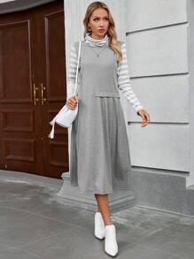 EMERY ROSE Women Casual Striped Patchwork Print High Neck 2 In 1 Midi Dress