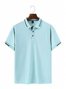 Manfinity Homme Men's Striped Short Sleeve Casual Commute Polo Shirt, Baby Blue Polo Shirt - Baby Blue - View 6