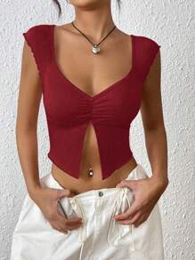 SHEIN EZwear Ruched Split Hem Cap Sleeves Crop Tee - Burgundy - View 1