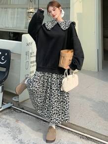 DAZY Vestido casual y lindo de longitud media holgado con estampado de leopardo, cuello Peter Pan y diseño de 2 en 1 para uso diario de las mujeres