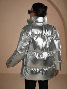 RueChic Silver, Shinny, Keep Warming Feature, Zip Up Puffer Winter Coat - Silver - View 2